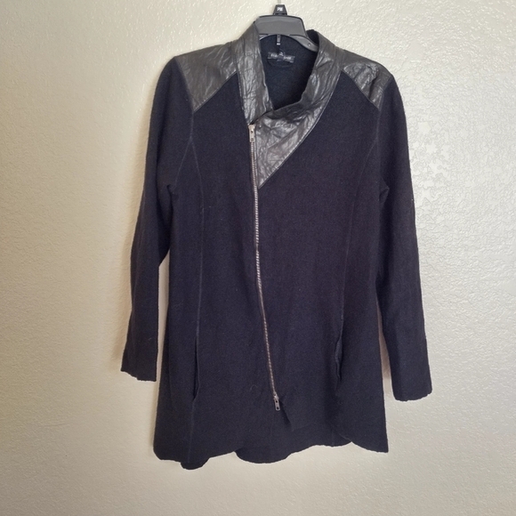 Eileen Fisher asymmetrical wool leather full zip lightweight jacket sz L - Picture 2 of 12